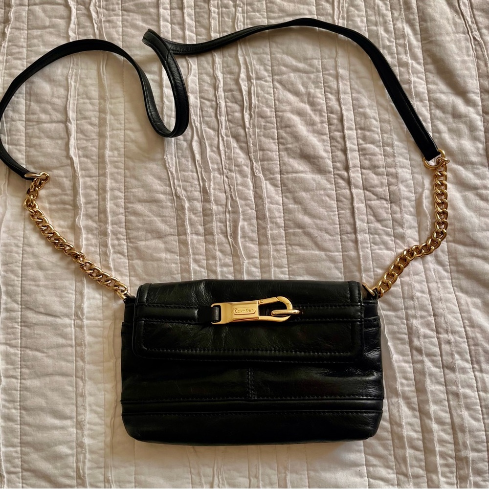 Calvin Klein Black Leather Mini Crossbody with Gold Chain